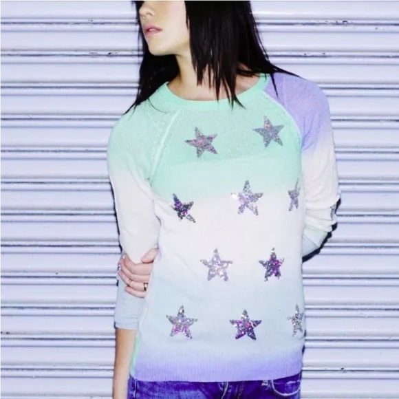 Wildfox Pastel Ombrè Knit Iridescent Sequin Star Crewneck Sweater - Picture 3 of 9